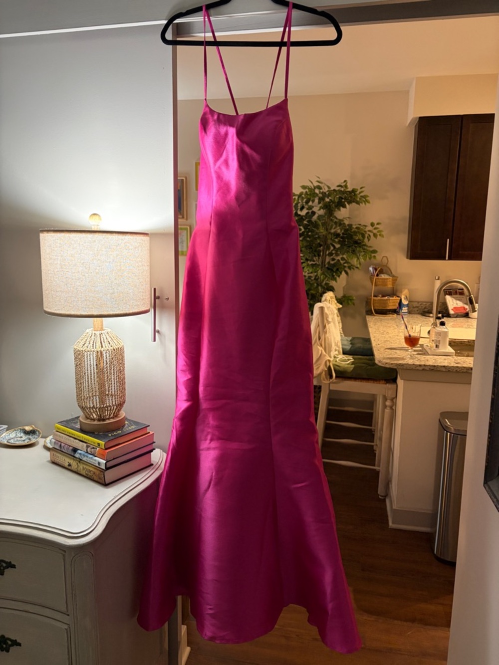 Hot Pink Satin Spaghetti Strap Evening Gown